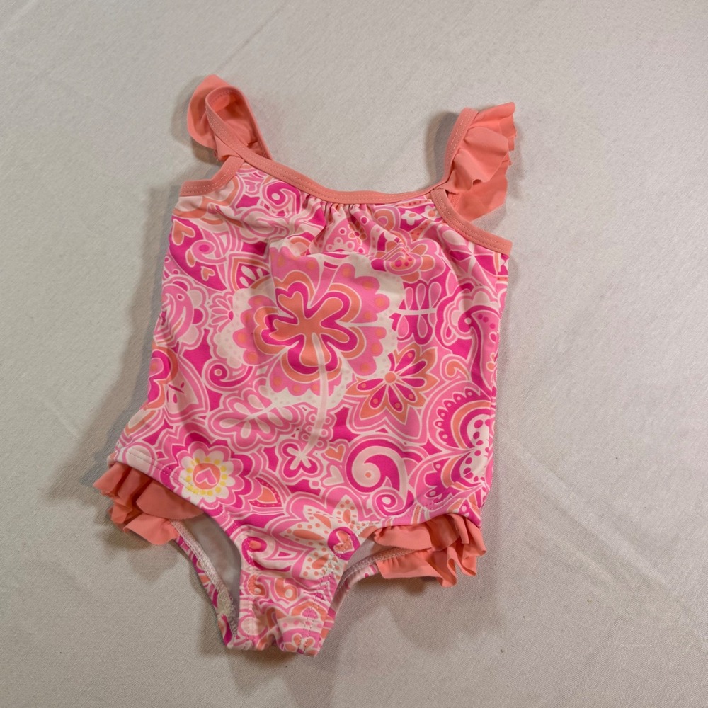 Tommy Bahama One Piece Swimsuit Kids 12M Pink Floral Ruffle Paisley Beachy Swim
